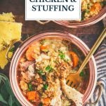 Overhead shot of chicken and stuffing crockpot recipe with text title overlay
