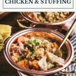 Side shot of crock pot chicken and stuffing in a bowl with text title box at top