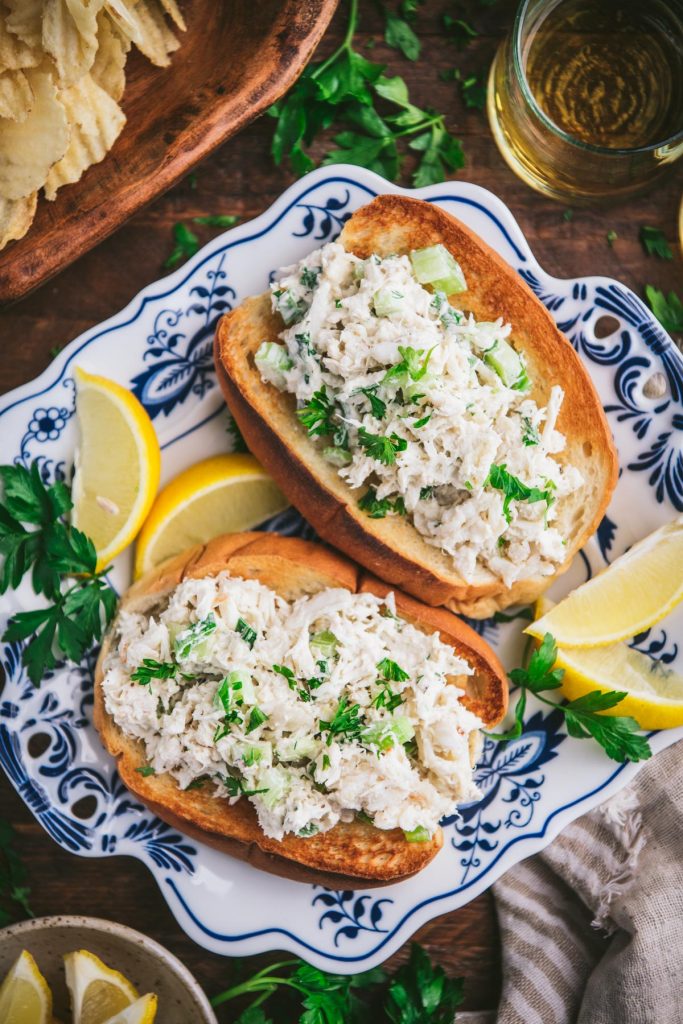 Crab roll recipe served on a blue and white platter