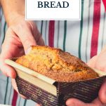 Hands holding a loaf of date nut bread with text title overlay