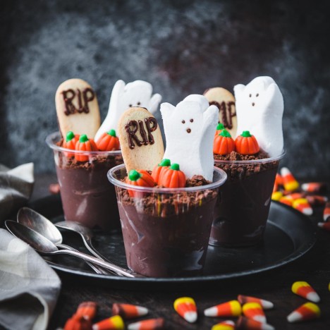 Square image of an easy halloween dessert recipe for pudding cups