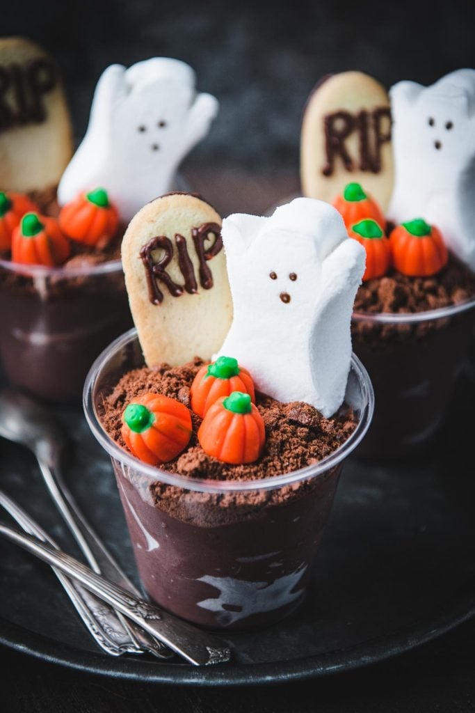 Three dirt pudding cups for halloween party