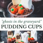 Long collage image of easy halloween dessert recipe for dirt pudding cups