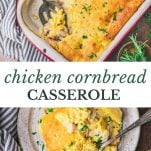 Long collage image of chicken cornbread casserole