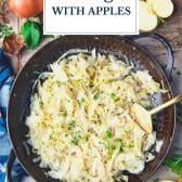 Fried cabbage with apples and onions and text title overlay.