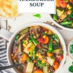 Bowl of hamburger soup with text title overlay