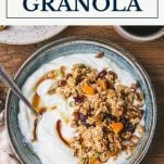 Overhead shot of a bowl of homemade granola with text title box at top