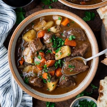 Square overhead shot of a bowl of Irish stew