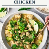 Overhead shot of a bowl of coconut curry chicken with text title box at top