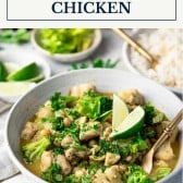 Front shot of a bowl of coconut curry chicken with text title box at top