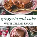 Long collage image of gingerbread cake with lemon sauce