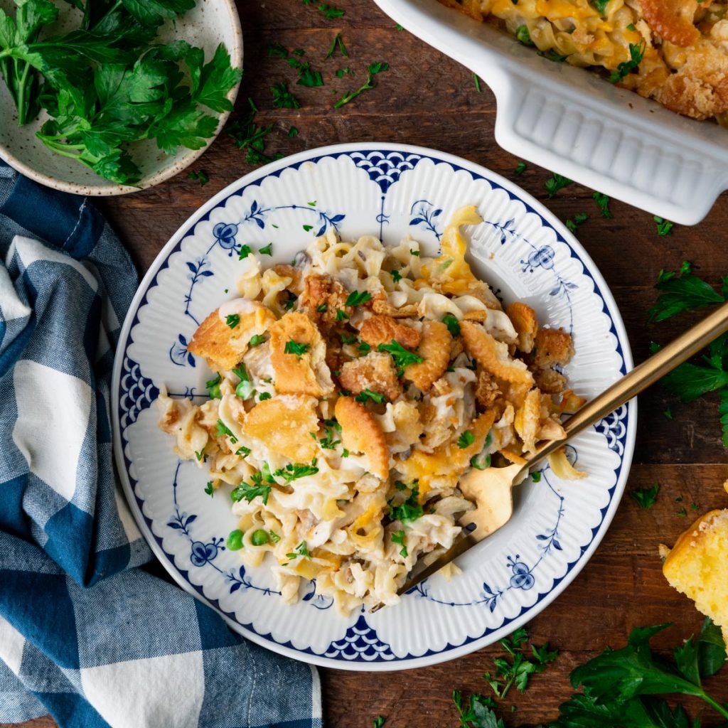 Square overhead image of turkey casserole with egg noodles