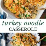 Long collage image of turkey noodle casserole