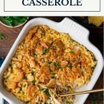 Dish of turkey noodle casserole with text title box at top