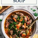 Spoon in a bowl of vegetable beef soup with text title box at top