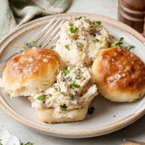 Square side shot of creamed chicken and biscuits on a plate.