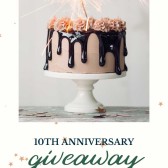 Birthday cake pin for 10th anniversary giveaway