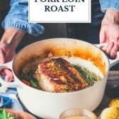 Beer braised pork loin roast in a Dutch oven with text title overlay