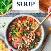 Overhead shot of a bowl of black eyed pea soup with text title overlay