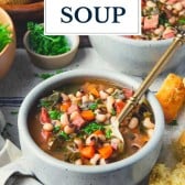Front shot of black eyed pea soup in a bowl with text title overlay