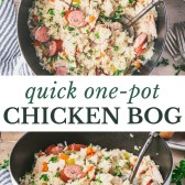 Long collage image of easy chicken bog recipe