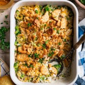 Overhead image of chicken wild rice casserole on a dinner table