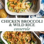 Long collage image of chicken and wild rice casserole