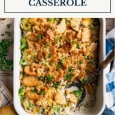 Pan of chicken and wild rice casserole with text box at top