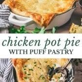 Long collage image of chicken pot pie with puff pastry