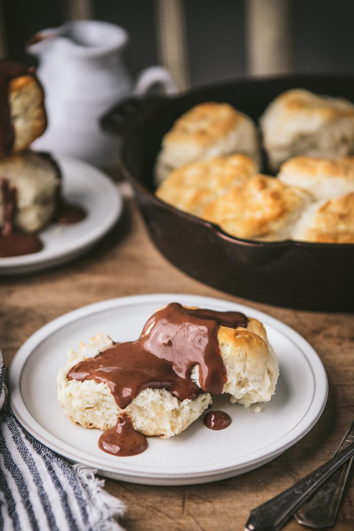 Split biscuit with chocolate gravy on top