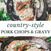 Long collage image of pork chops and gravy