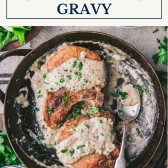 Skillet of pork chops and gravy with text title box at top
