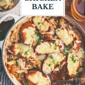 Skillet of French onion chicken bake with text title overlay