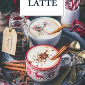 Tray of homemade gingerbread lattes with text title overlay
