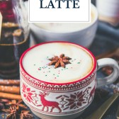 Side shot of gingerbread latte with text title overlay