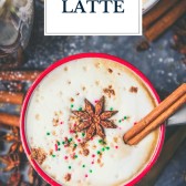 Overhead shot of a gingerbread latte with text title overlay