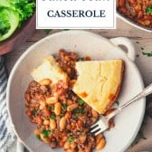 Dish of beef and baked bean casserole with cornbread and text title overlay