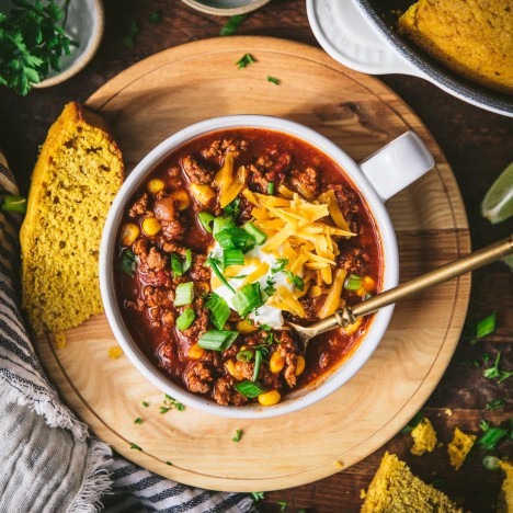 Square shot of the best turkey chili recipe served with toppings