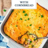 Pan of ham casserole with cornbread crust and text title overlay