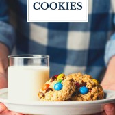 Plate of monster cookies with text title overlay