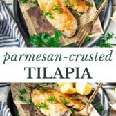 Long collage image of 5 ingredient parmesan crusted tilapia