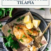 Overhead shot of parmesan crusted tilapia with text title box at top