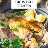 Plate of parmesan crusted tilapia with text title overlay