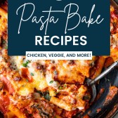 Pasta bake recipes collage with text overlay
