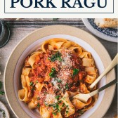Bowl of pork ragu with text title box at top