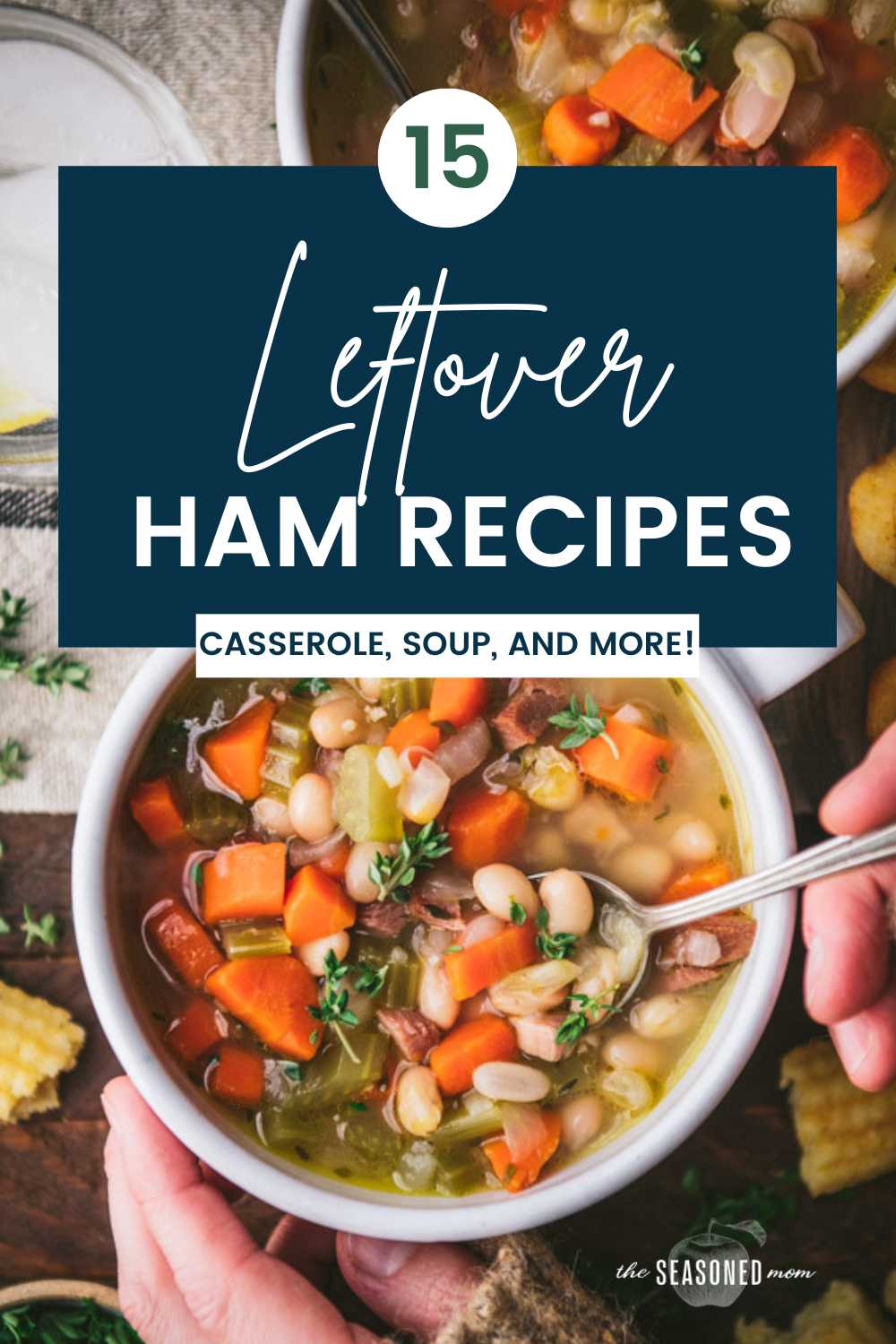 Bowl of soup with text title overlay for recipes for leftover ham collage