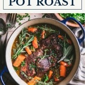 Stovetop pot roast in a blue dutch oven with text title box at top