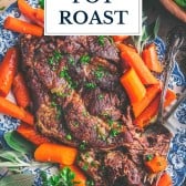 Close up shot of stovetop pot roast with text title overlay