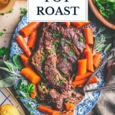 Stovetop pot roast on a blue and white platter with text title overlay