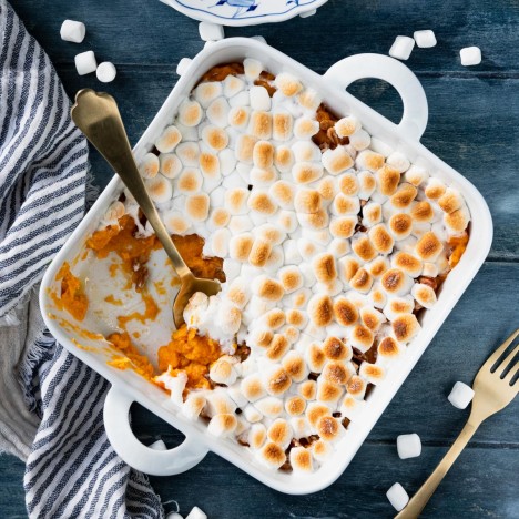 Square overhead shot of a southern sweet potato casserole with marshmallows